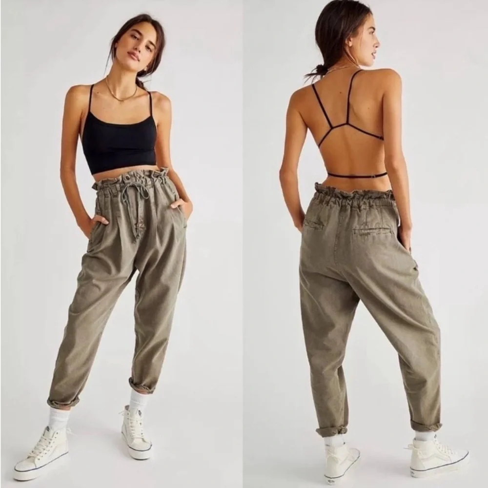 FREE PEOPLE Margate Pleated Paperbag Olive Green Relaxed Trousers